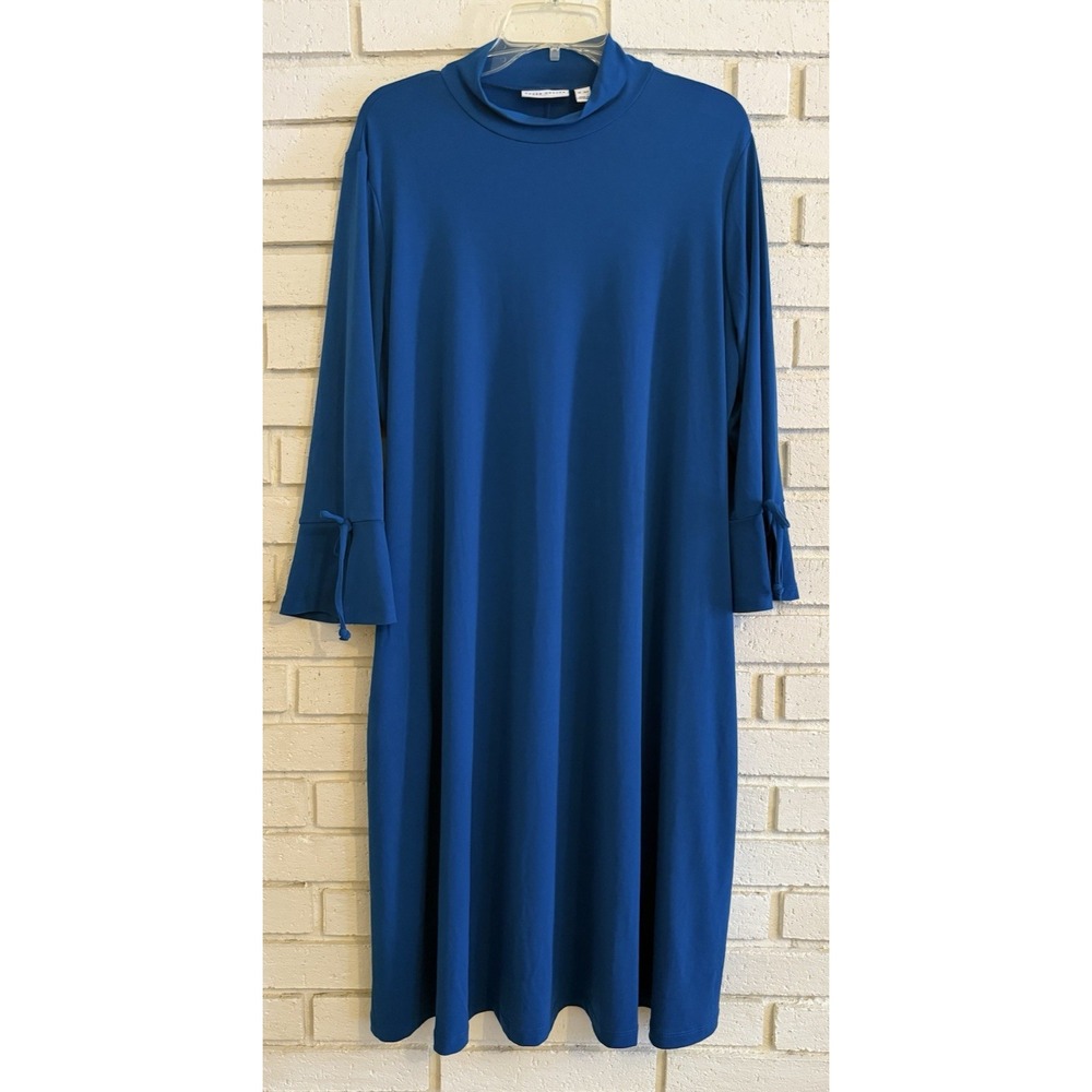 Susan Graver Blue Sz XL Petite Liquid Knit Mock-Neck Midi Dress with Tie Sleeves